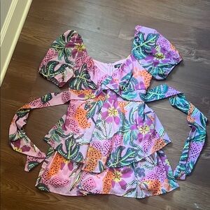 Lavender Floral Ruffle Mini Dress with Puff Sleeves